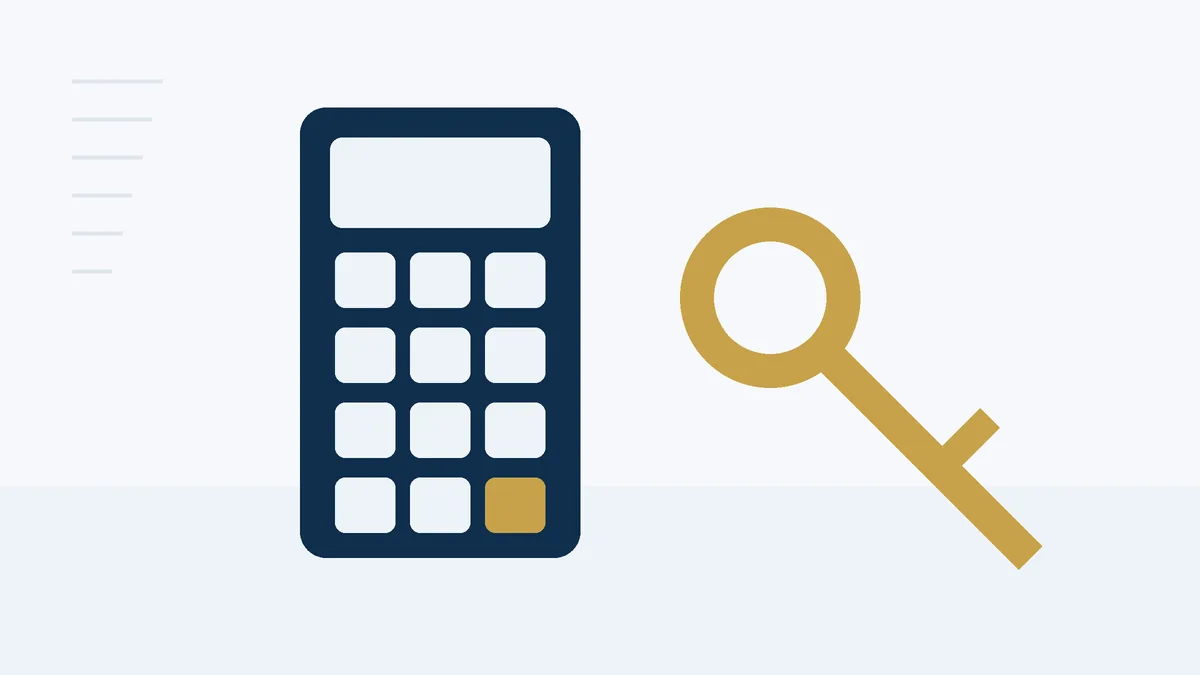 Ilustración de una calculadora junto a una llave y un edificio
